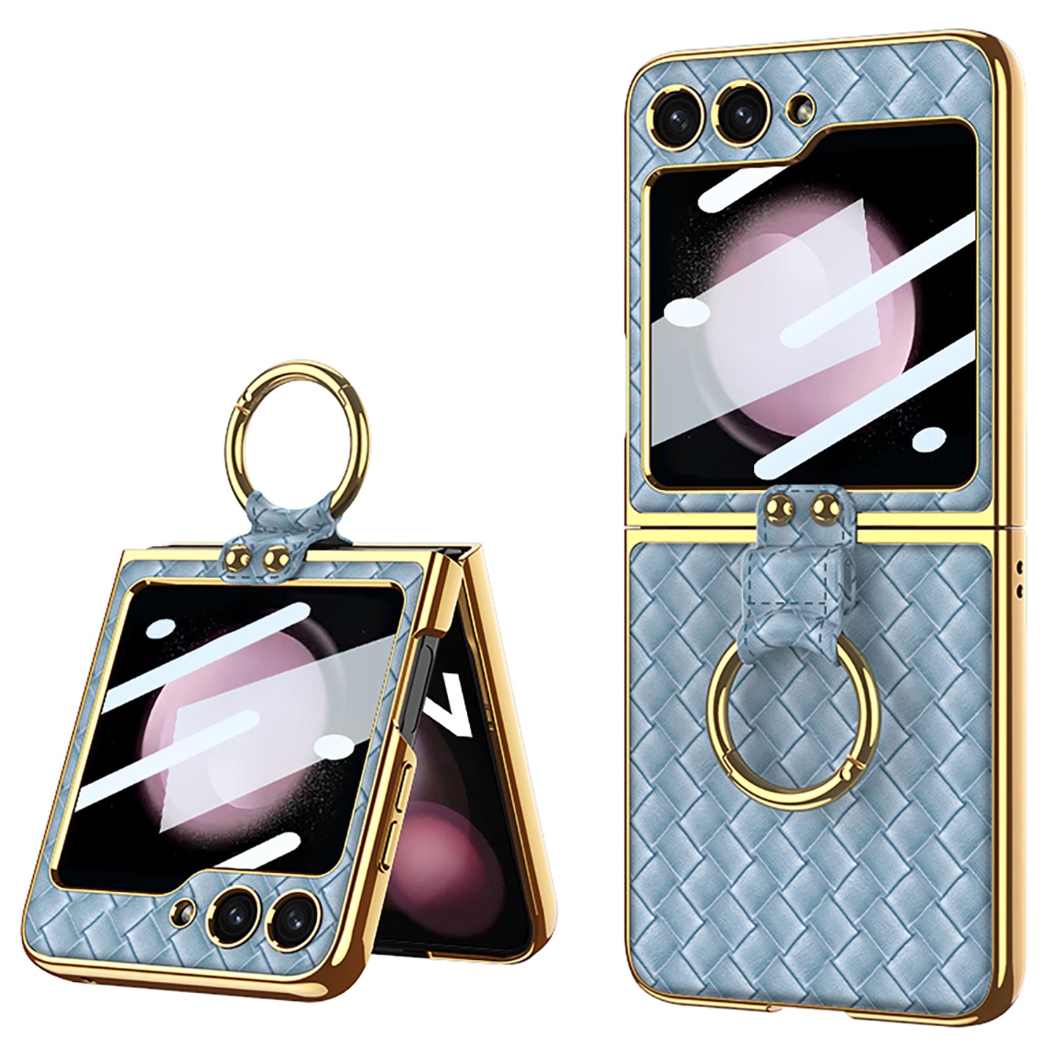 GKK For Samsung Galaxy Z Flip5 5G Woven Pattern Electroplating Kickstand Case Hard PC PU Phone Cover with Small Screen Film GKK For Samsung Galaxy Z Flip5 5G Woven Pattern Electroplating Kickstand Case Hard PC PU Phone Cover with Small Screen Film